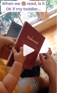 A dad boosts early reading skills with his toddler by letter her flip through the book.