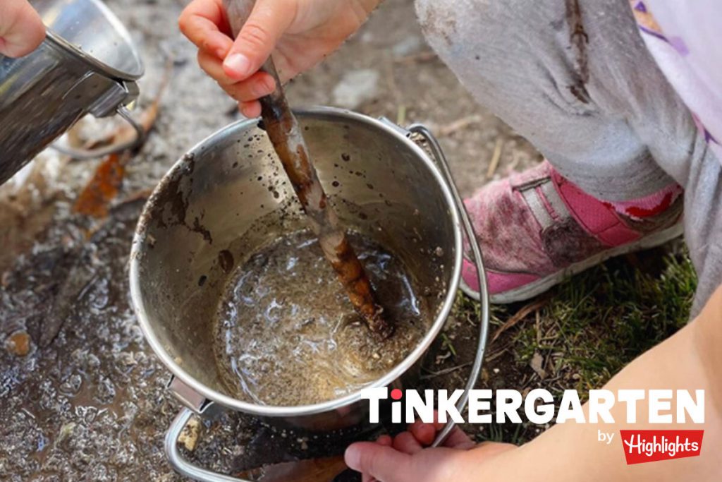 A 3-year-old child pretends to stir a pot during a Tinkergarten class. Pretend play in nature is one of the best ways to teach creativity.