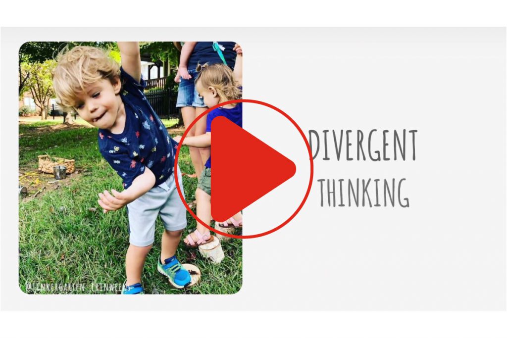 A child balances on wooden stumps outside. Tinkergarten explains how to support divergent thinking through play in this short video. 